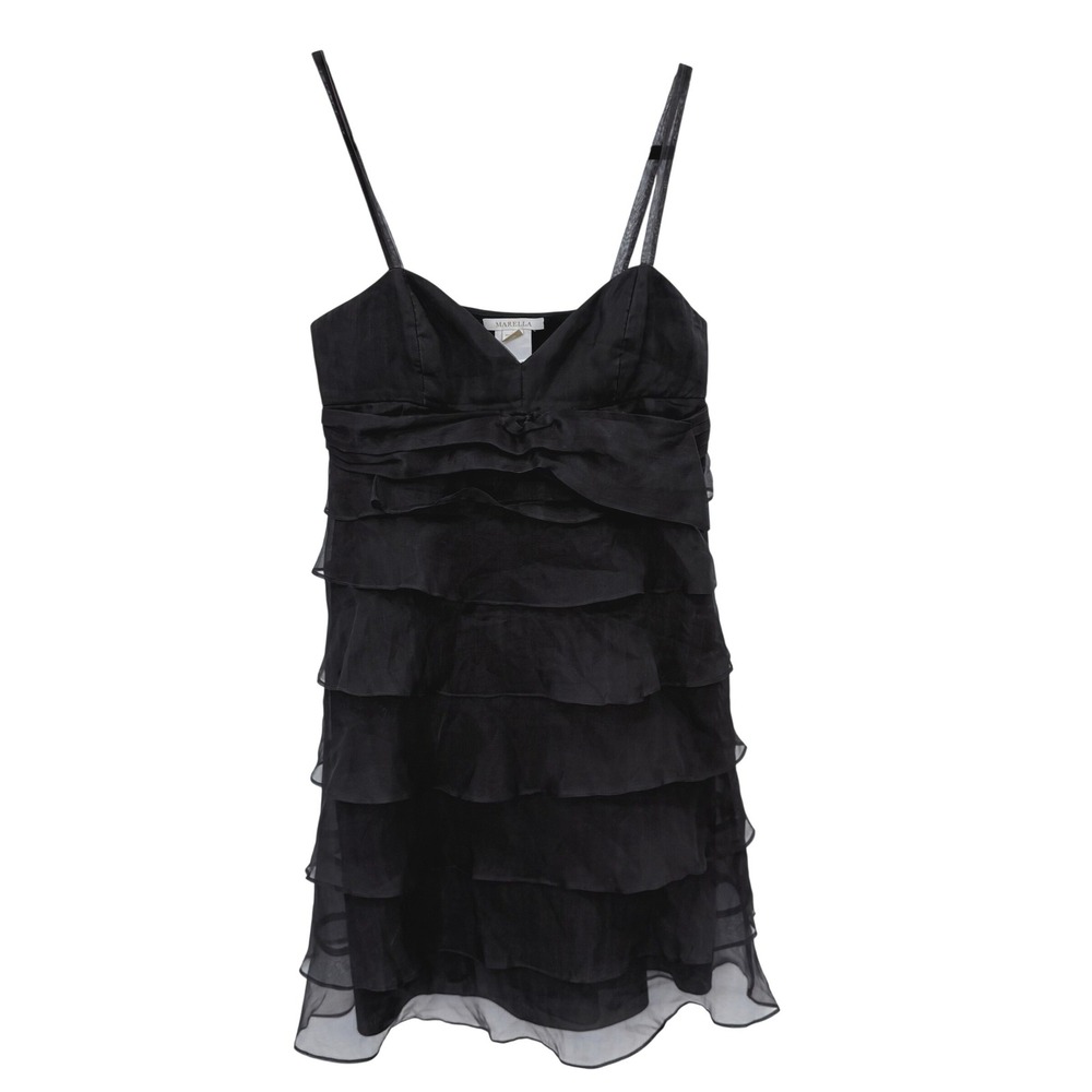 Marella Black 100% Silk Tiered Ruffle Cocktail Dress Made in Italy Womens 8 Y2k